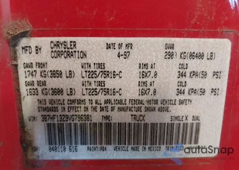 1997 Dodge Ram 1500 St from USA, damaged, VIN 3B7HF13Z9VG796381